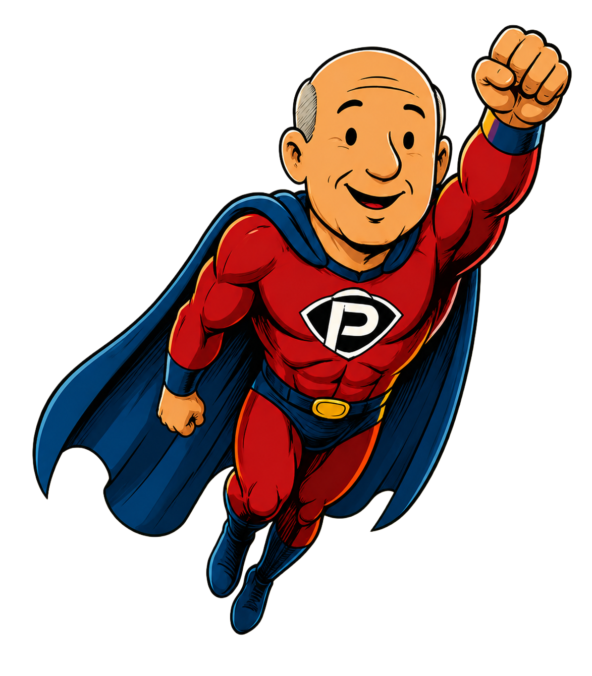 Super Bob, Proforma's customer-show hero, mid-flight in a red cape
